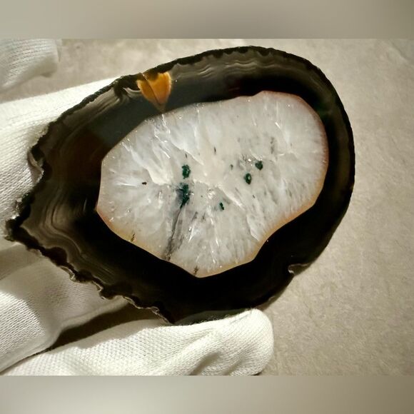 White Crystal Geode Agate Slice & Green Inclusions–Polished Display Stone 4.25” - Picture 6 of 15